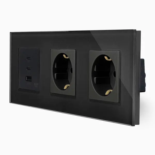 Glas 2 Steckdosen + USB C+A Schnellladegerät 65W Schwarz Luxus-Time
