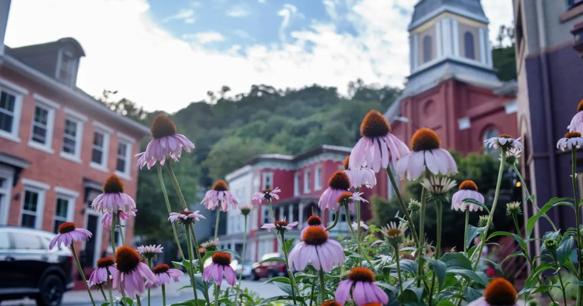 Pink coneflowers bloom in front of historic buildings.