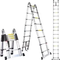 Teleskopleiter 5,0m (2,5m + 2,5m), Mehrzweckleiter Aluminium-Klappleiter 150 Kg Belastung, Silber